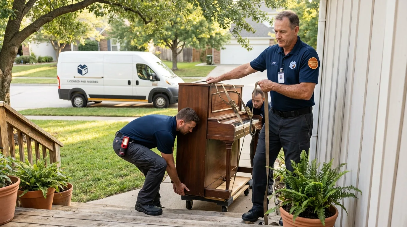 Licensed piano movers securing grand piano in Calhoun, GA