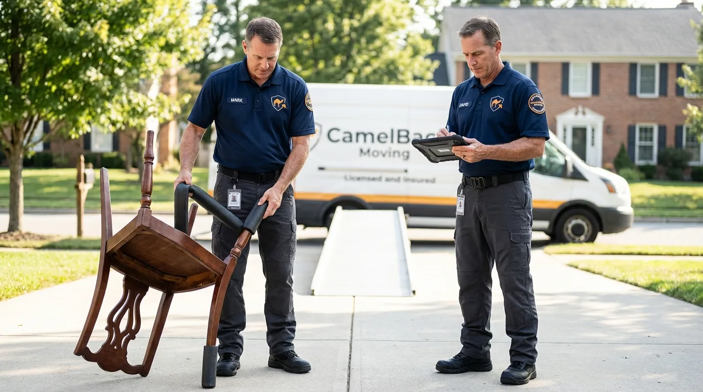 Movers inspecting furniture for damage prevention before loading in Calhoun, GA