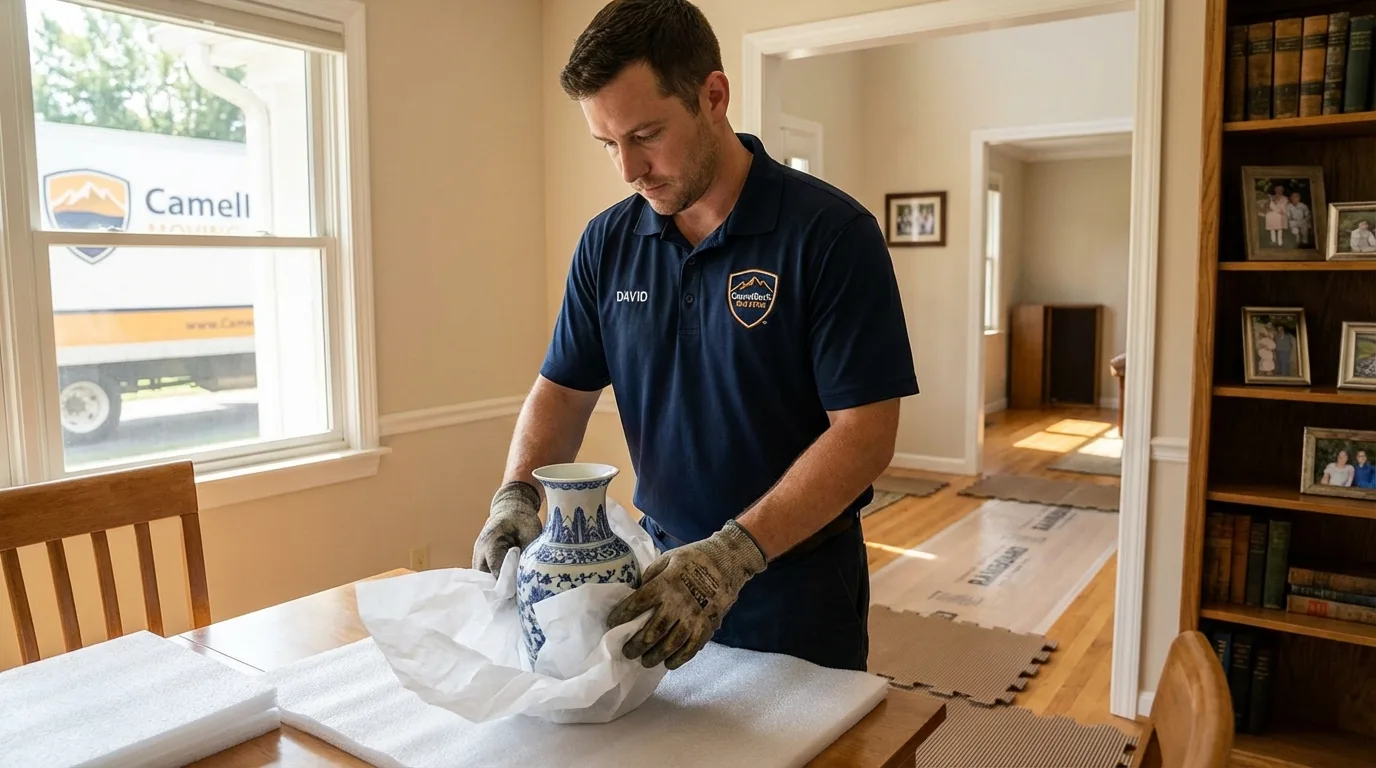 Professional crew carefully wrapping antique vase for senior downsizing move in Calhoun, GA